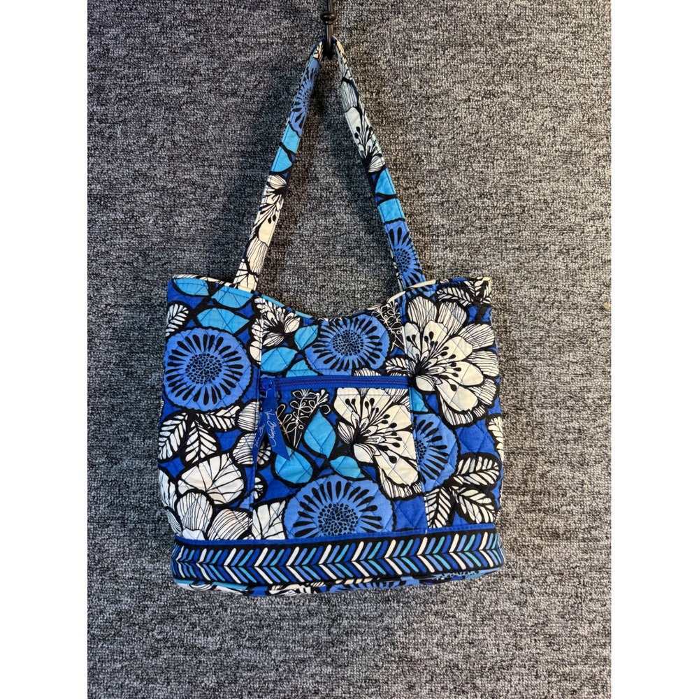Vera Bradley Blue Bayou Floral Quilted Cotton Tote Shoulder Bag Blue White Black